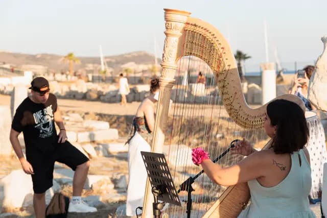 The harpist tries her strings before the recital while final preparations continue around her.