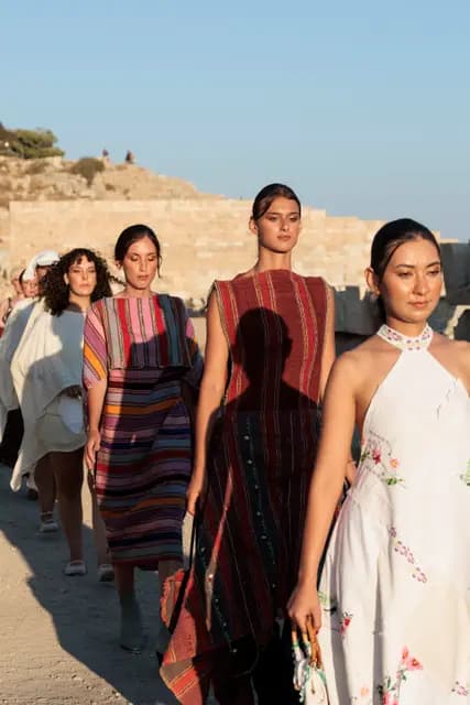 Five models walk towards the camera side by side, showing the collection's handwoven stripes and patterns in a single frame.