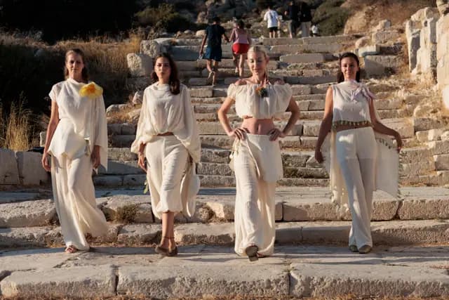 Four models descend the ancient steps of Knidos together in the off-white collection.